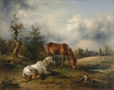 Two Horses (a Gray and a Chestnut) in the Pasture by Friedrich Gauermann